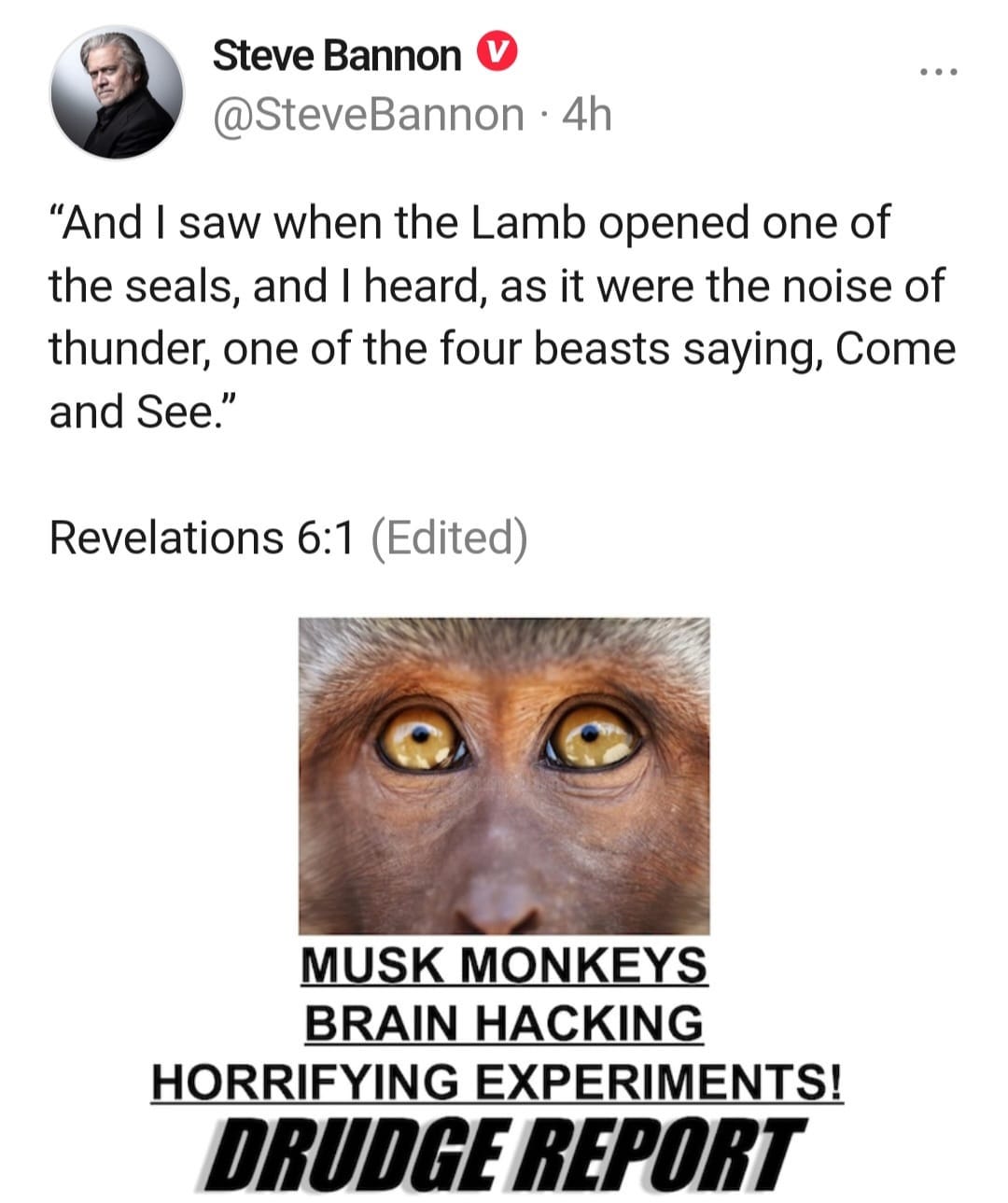 May be an image of 1 person and text that says 'Steve Bannon @SteveBannon 4h "And I saw when the Lamb opened one of the seals, and heard, as it were the noise of thunder, one of the four beasts saying, Come and See." Revelations 6:1 (Edited) MUSK MONKEYS BRAIN HACKING HORRIFYING EXPERIMENTS! DRUDGE REPORT'
