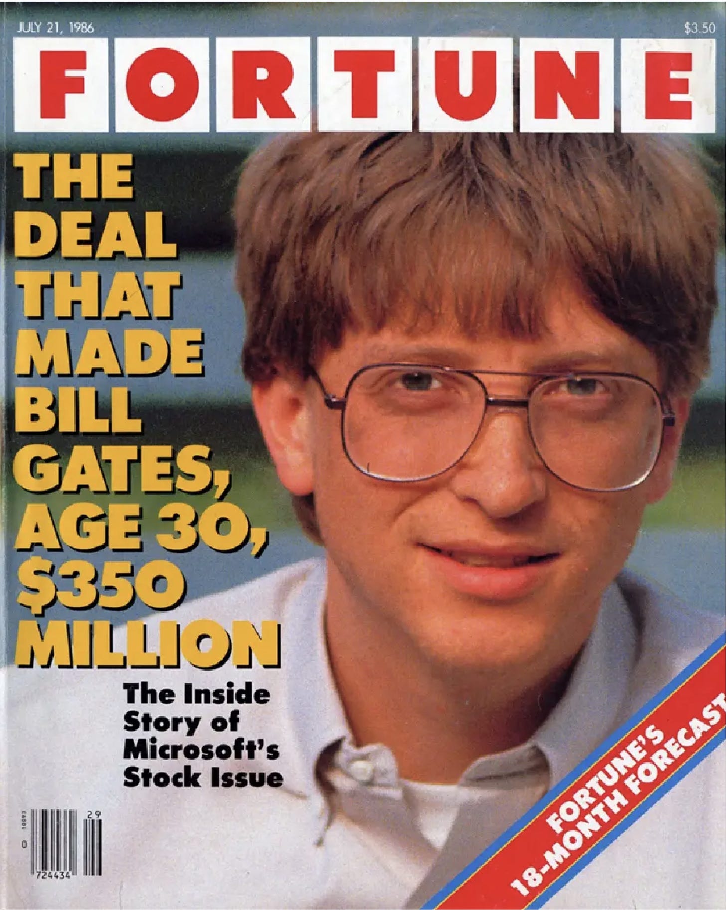 Fortune Magazine cover with photo of Bill. "The deal that made Bill Gates, Age 30, $350 Million" Inside the story of Microsoft's stock issue.