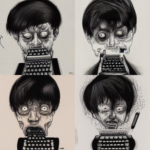 horror author Todd Keisling hunched over a typewriter while nightmares explode from his head drawn in the style of Junji Ito