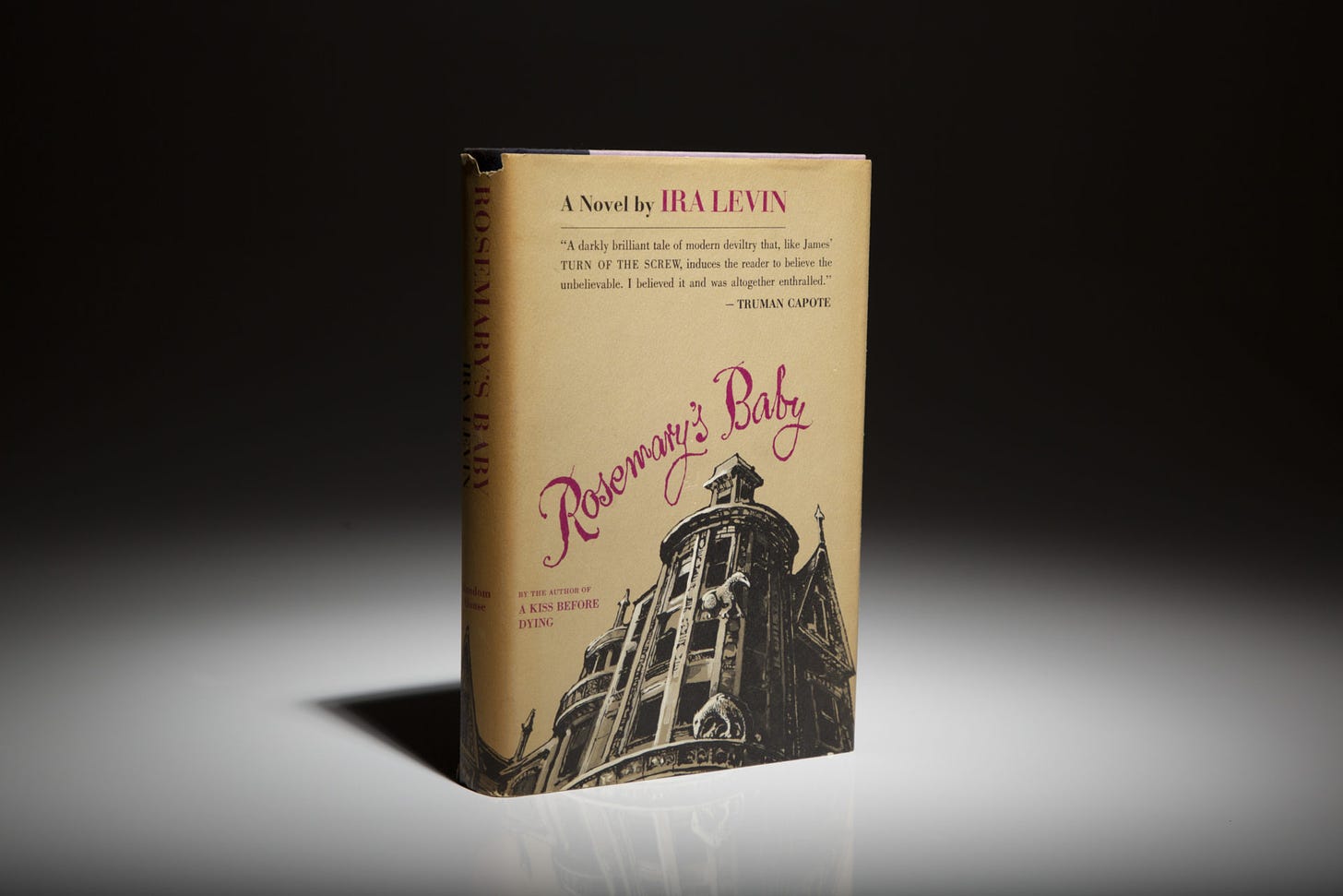 Photograph of the first edition of Rosemary's Baby, hardcover, featuring an illustration of an old Gothic building with the book's title hovering over it in handwritten cursive font