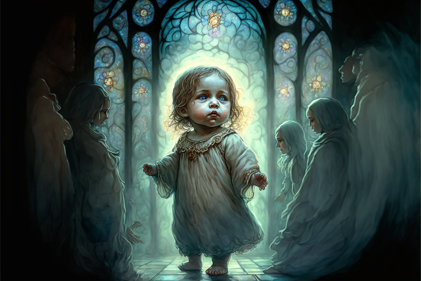 a tiny baby walking among the spirits of her ancestors, beautiful and mysterious