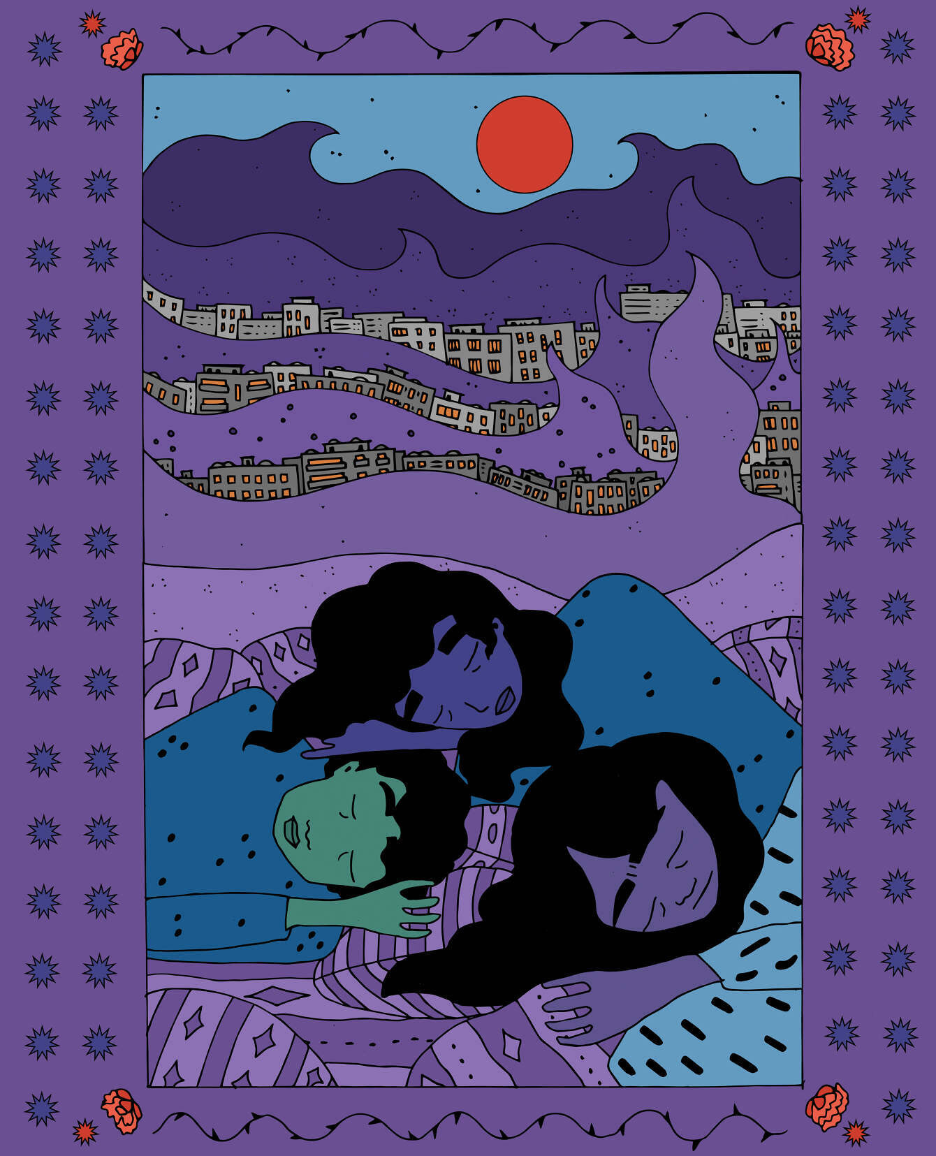 Three figures are lying down asleep in the foreground surrounded by patterned cushions; behind them is a fragmented cityscape caught in purple flames, with an orange sun centred in the background. The image has a purple border with repeated purple stars.