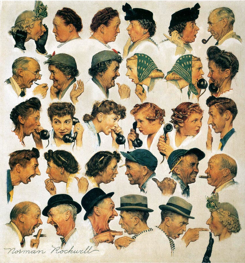 Ilustração colorida de vários rostos falando-se entre si, formando uma corrente de fofoca.