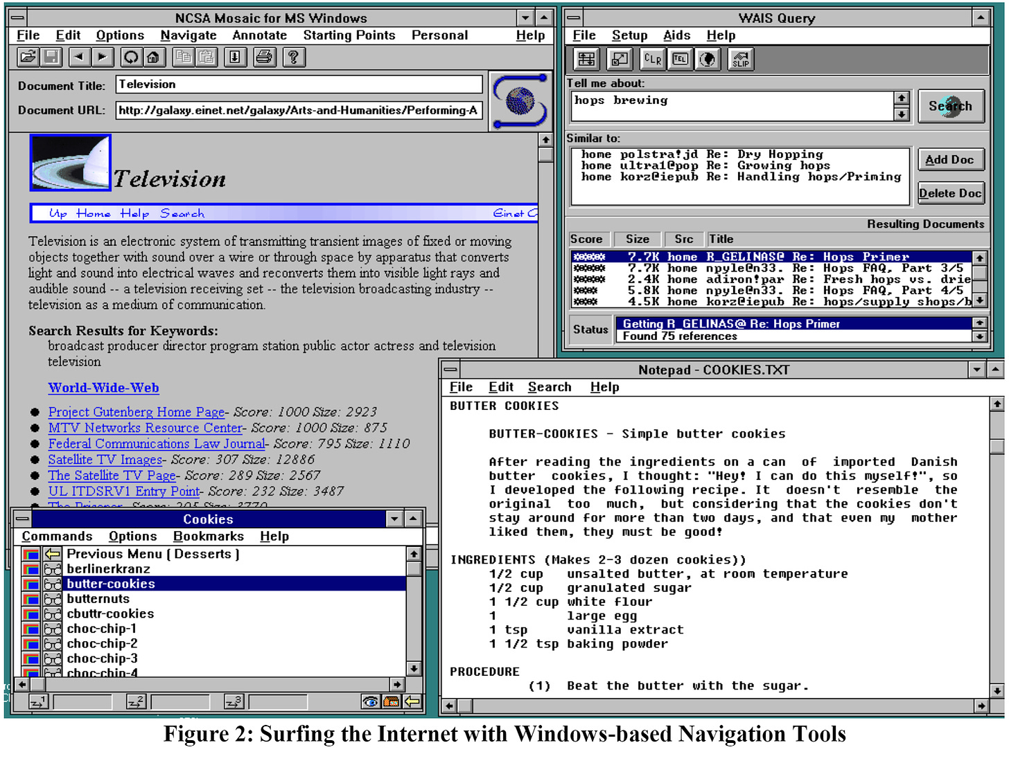 Several collected screenshots of "Internet Navigation Tools" including NCSA Mosaic, Gopher, WAIS