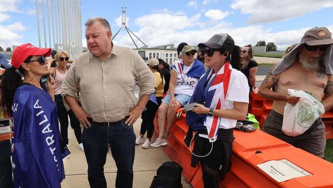 Anti-vaxxer MP and the Leader of the United Australia Party-Craig Kelly joins protesters at Parliament House. Picture: NCA/Gary Ramage