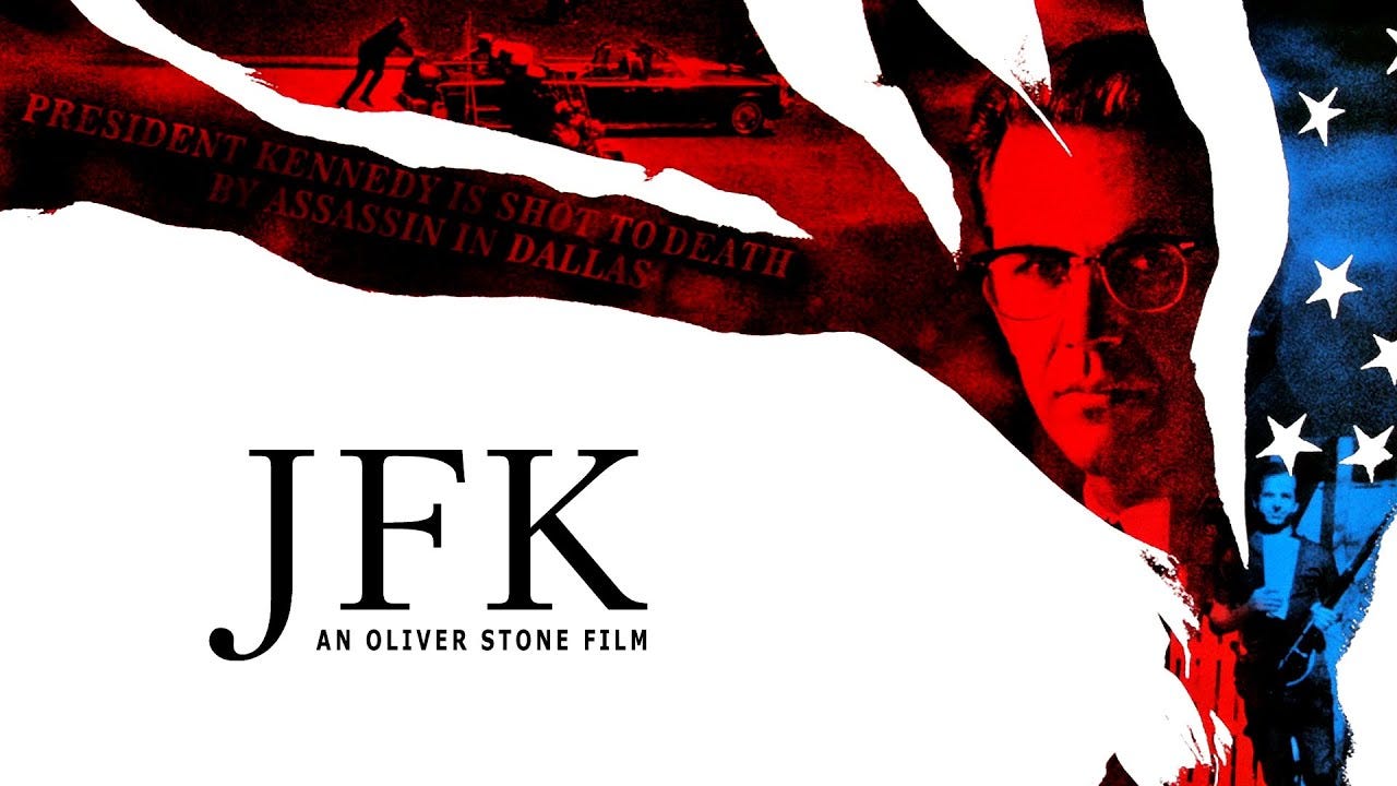This image shows a horizontally-designed version of the one-sheet poster for Oliver Stone's 1991 film JFK. This image shows a horizontally-designed version of the one-sheet poster for Oliver Stone's 1991 film JFK.
