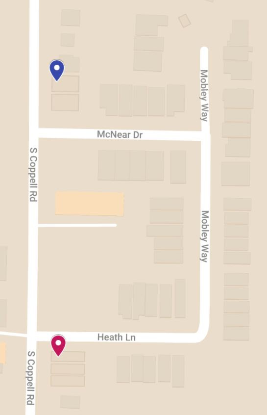 A map that shows South Coppell Road vertically. Two streets, McNear Drive and Heath Lane, run horizontally to the east. They are connected by Mobley Way. 