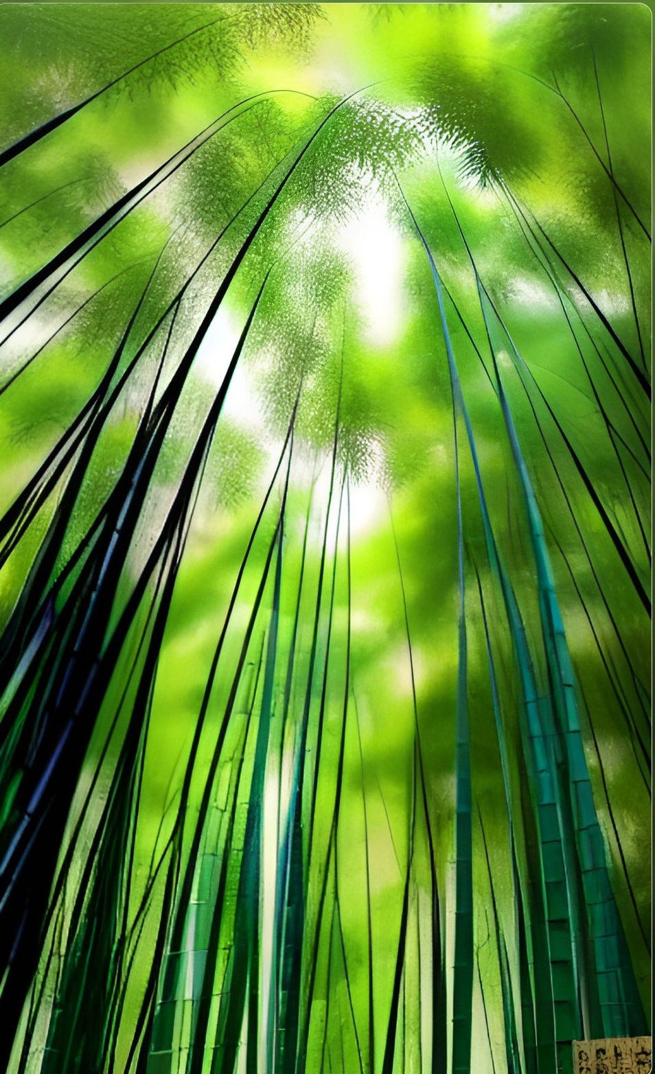 AI image of a very tall bamboo forest, looking from the ground straight up to the sky.