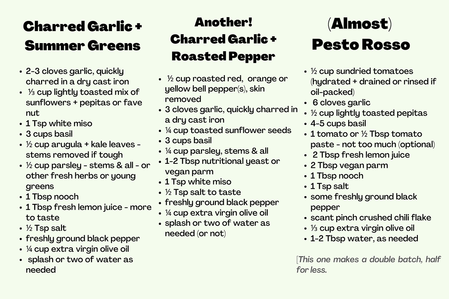 a written set of three pesto recipes