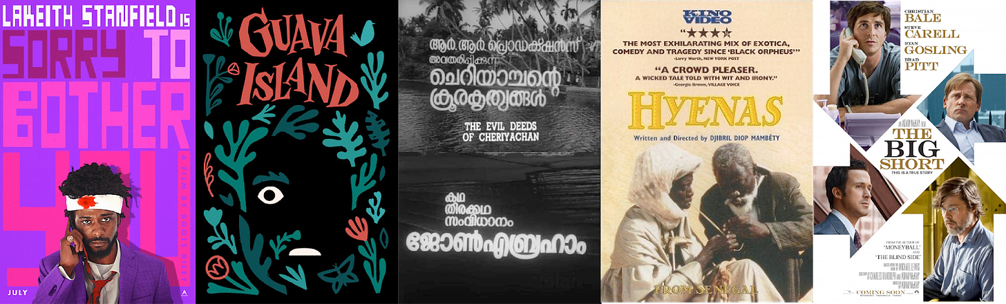 a collage of the covers of the recommended books. The first picture depicts Lakeith Stanfield against a typographical background of the title of the movie, holding a phone to his ear. The second picture is an abstract typographical illustration of the movie’s title against a black background. The third picture displays the title of the movie against a black and white background of palm trees and a body of water. The fifth picture depicts a man and a woman trying to light a pipe against a beige background. The sixth picture is a poster of the movie “The Big Short”, with images of four men around the title of the movie.