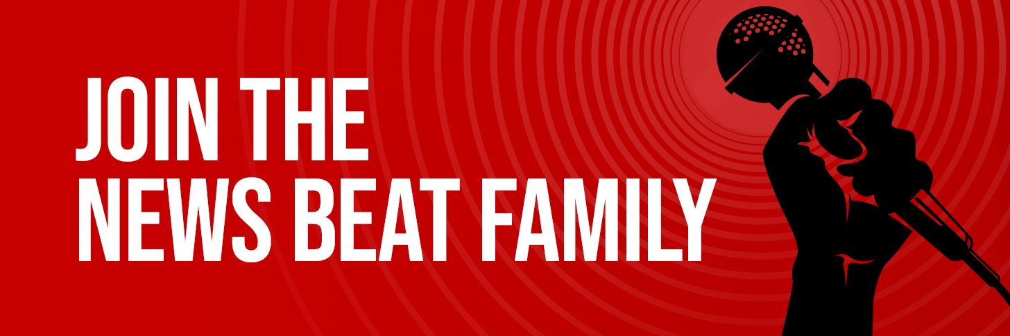 A red banner depicting a raised fist holding a microphone, featuring the call to action: "Join the News Beat family."