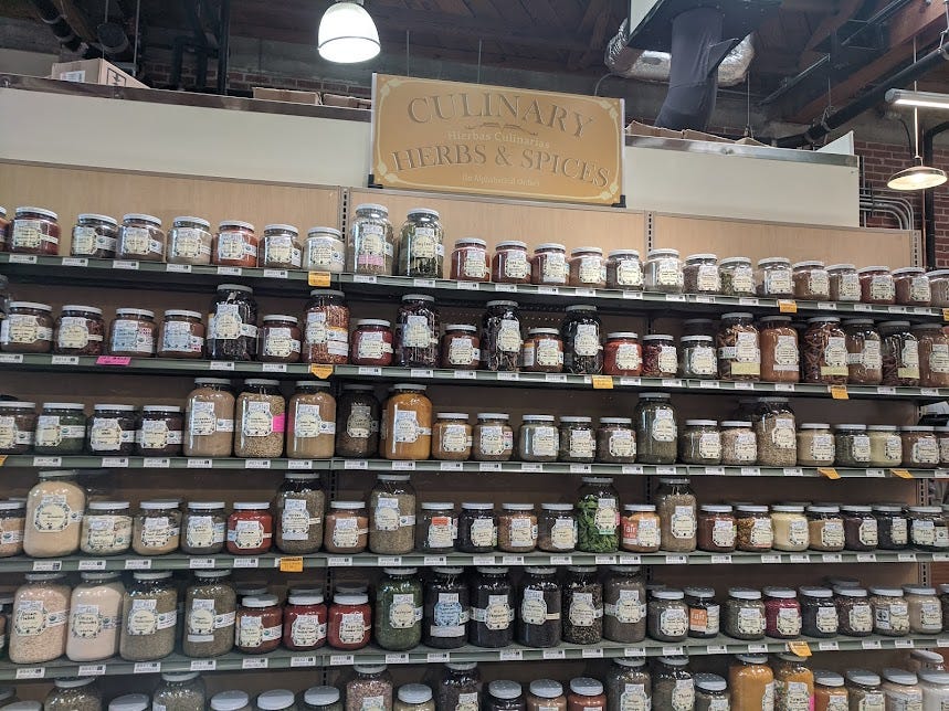 jars of bulk herbs and spices, galore