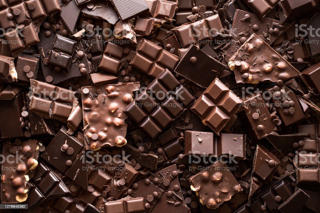 Chocolate assortment background. Top view of different kinds of chocolate Assorted chocolate bar and chunks, background. Flat lay with a multitude of chocolate kinds. Delicious cocoa dessert. Baking chocolate collection. Chocolate Stock Photo