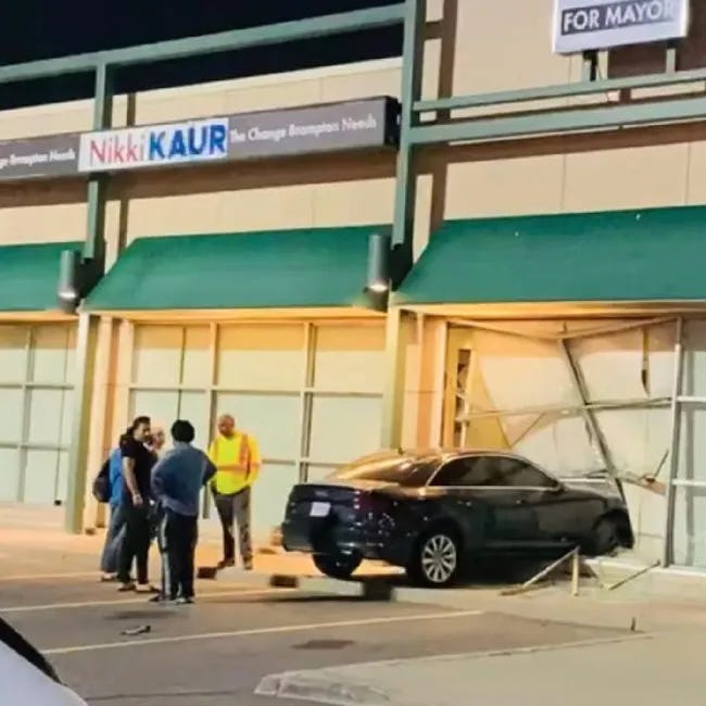A still from a video showing the aftermath of a car crashing into Brampton mayor candidate Nikki Kaur's office Friday, Sept. 9. Police have deemed the incident non-suspicious.