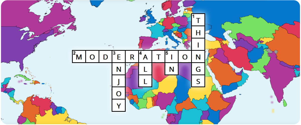 A world map geography game overlayed with a crossword puzzle that spells out "ALL THINGS IN MODERATION"