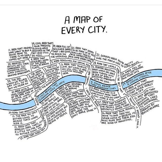 Agh I'm sorry there's just too much text on it. It's a line drawing. A river goes from left to right. To north and south there are 29 sections, with text saying things like "9. cool area that your parents would have avoided in the 80s and still do now", and "20. area with lots of nice houses but also completely devoid of people". You get the idea.