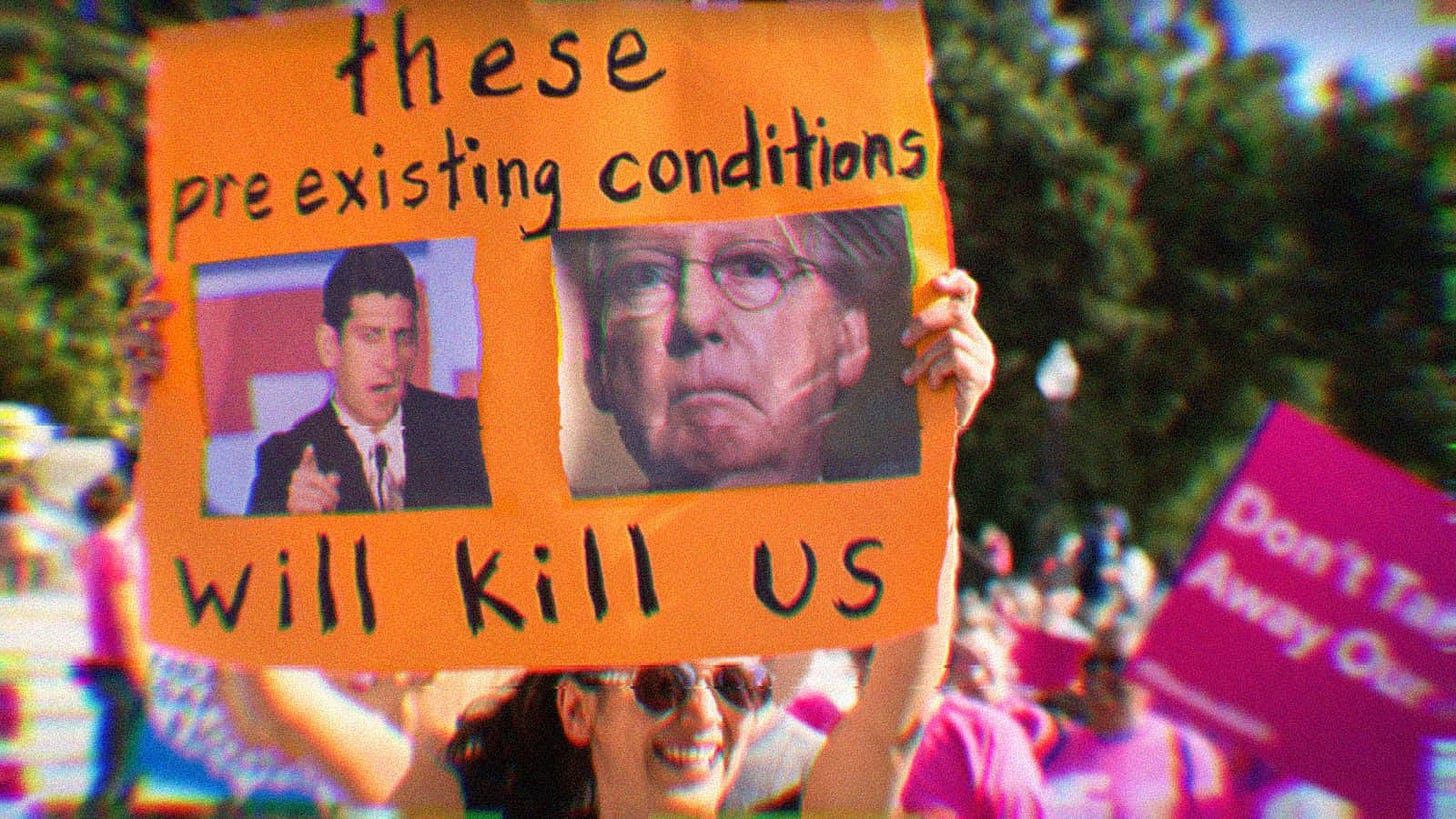 A woman holding a protest sign that says these pre-existing conditions will kill us. The sign has a photos of Mitch McConnell and Paul Ryan.
