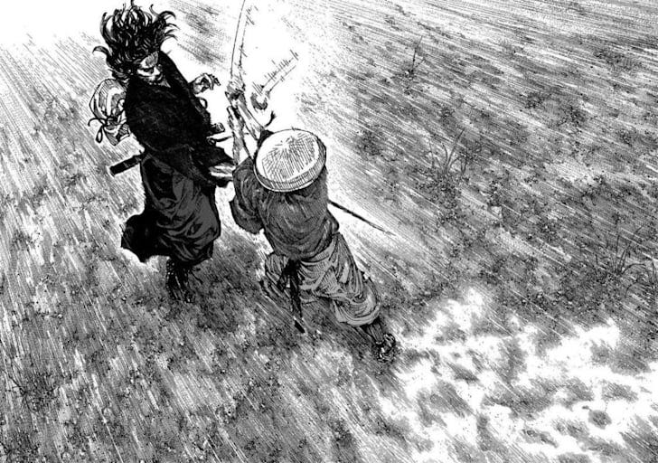 Illustration d’un combat de Musashi par Takehiko Inoue
