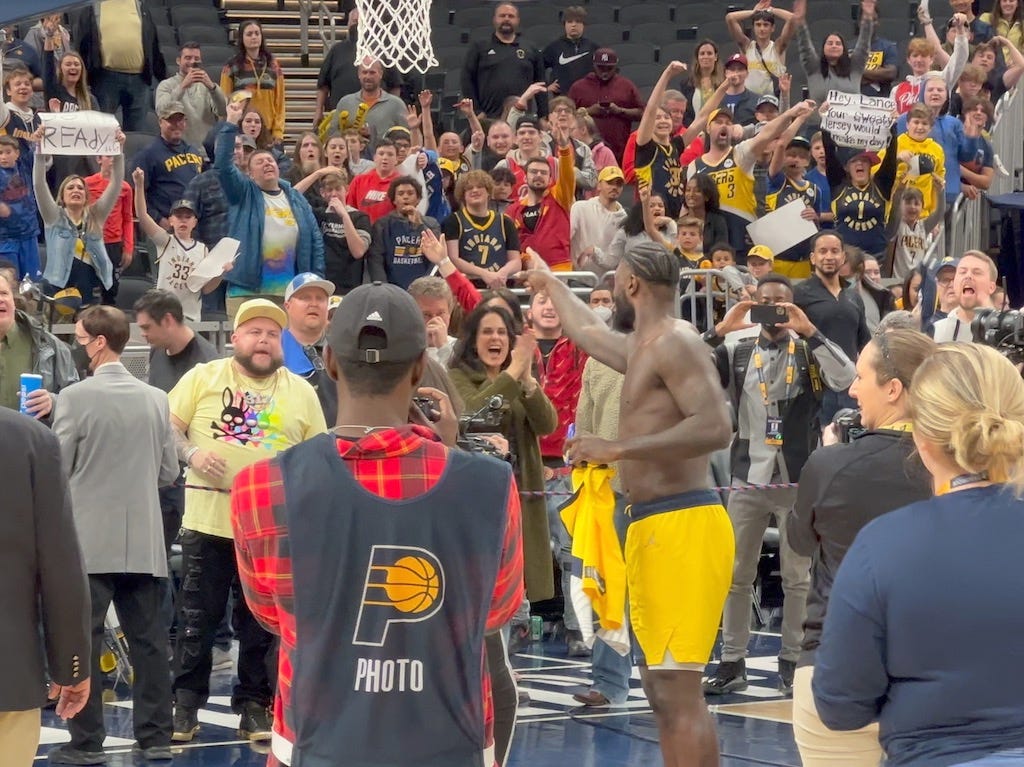 Lance Stephenson tosses away his game jersey after the home finale.