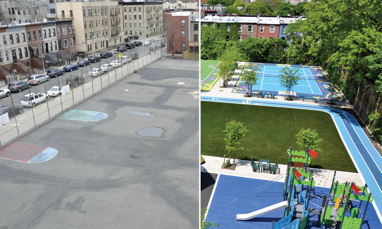 A schoolyard in New York City before and after green transformation