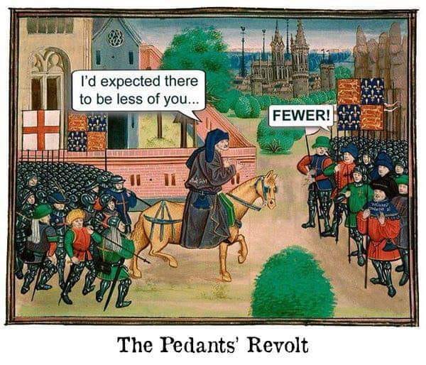 Chaucer on a horse riding with a crowd of knights around him. Speech bubble says "I'd expected there to be less of you..." and then someone in the crowd says "FEWER!" 

The words on the bottom say "The Pedants' Revolt"