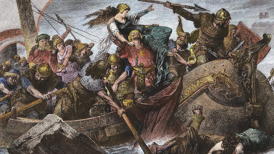 Vikings, Raiding A Norse raid under Olaf Tryggvesson Painting by Hugo Vogel