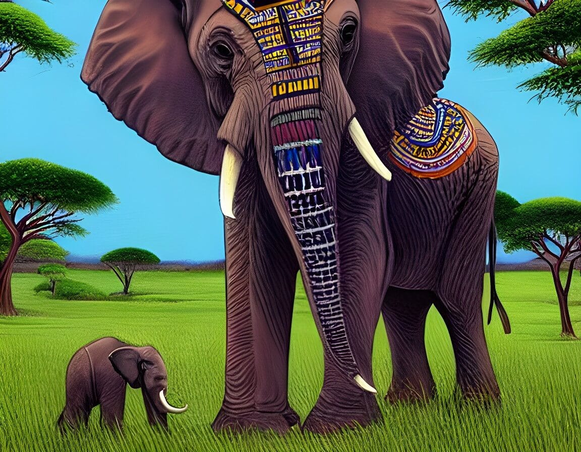 Illustration by text-to-art AI of an African mother elephant with a baby elephant. Vivid colors, sky and green grass.