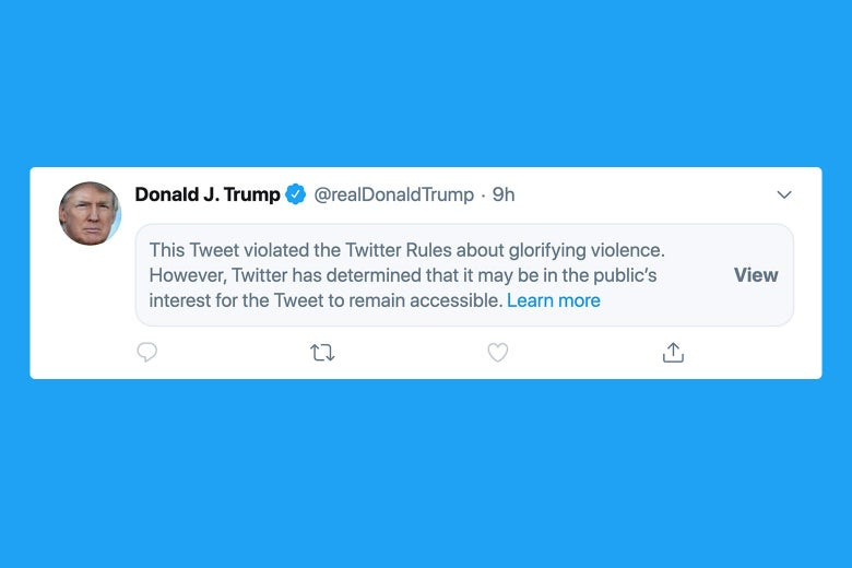 Twitter covers Trump tweet with warning label for “glorifying violence.”
