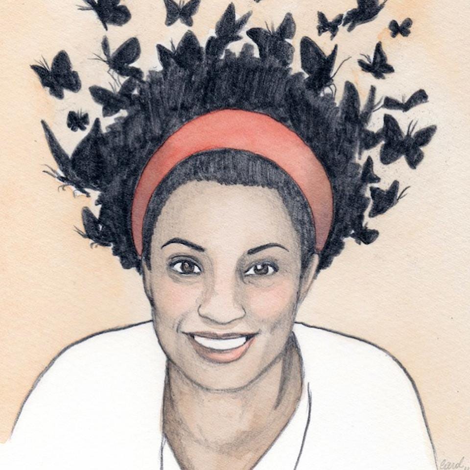 Ilustração de Marielle sorrindo, com tiara vermelha e borboletas pretas saindo de seus cabelos de mesma cor.