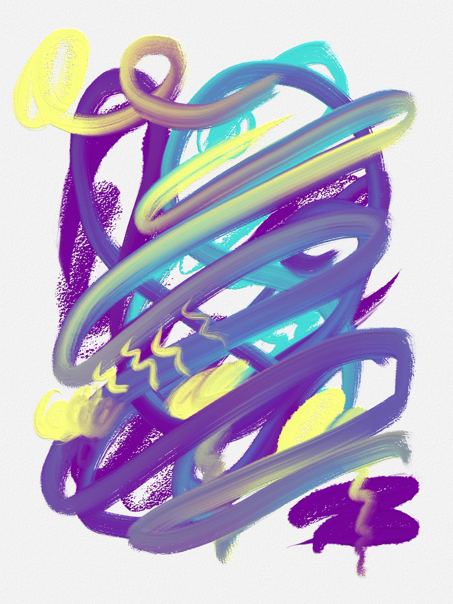 Abstract digital art showing purple, turquoise, and yellow strokes