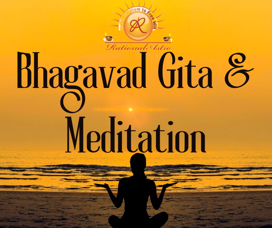 The image shows a silhouette figure meditating in front of an ocean. The text written is “Bhagavad Gita & Meditation”. Logo of RationalAstro is at the middle top. The image is part of the article titled "Bhagavad Gita and Meditation: Immunity in times of pandemic" authored by Anish Prasad and published at https://rationalastro.org