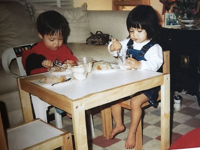 baby mia and baby zoey, mia's brother, eating ice cream and cake