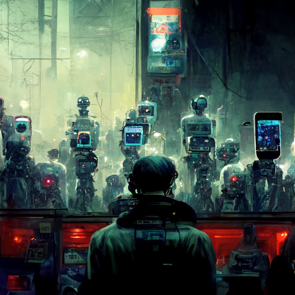 AI Generated image of human with his back turned, facing an army of robots with phone-like screens