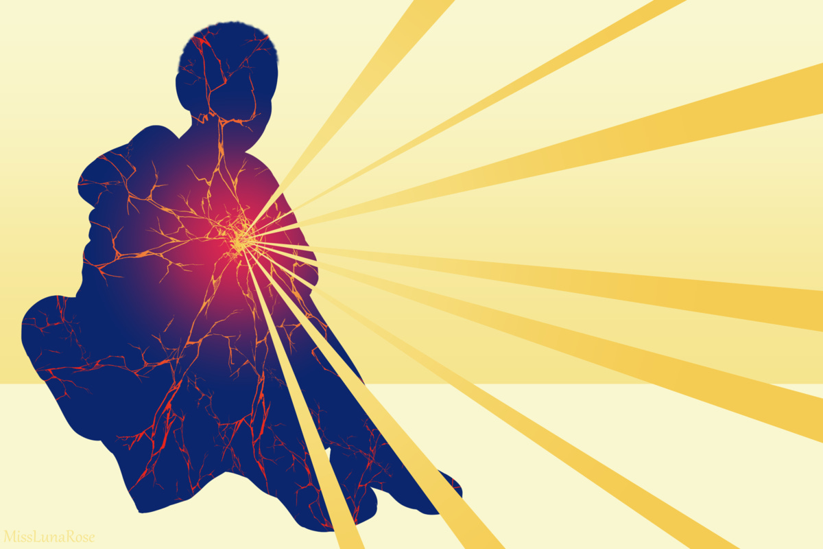 illustration showing a silhouette of a person with red streaks all along them exploding outward into rays of light. The image was found while searching for creative commons images of the word "pain".