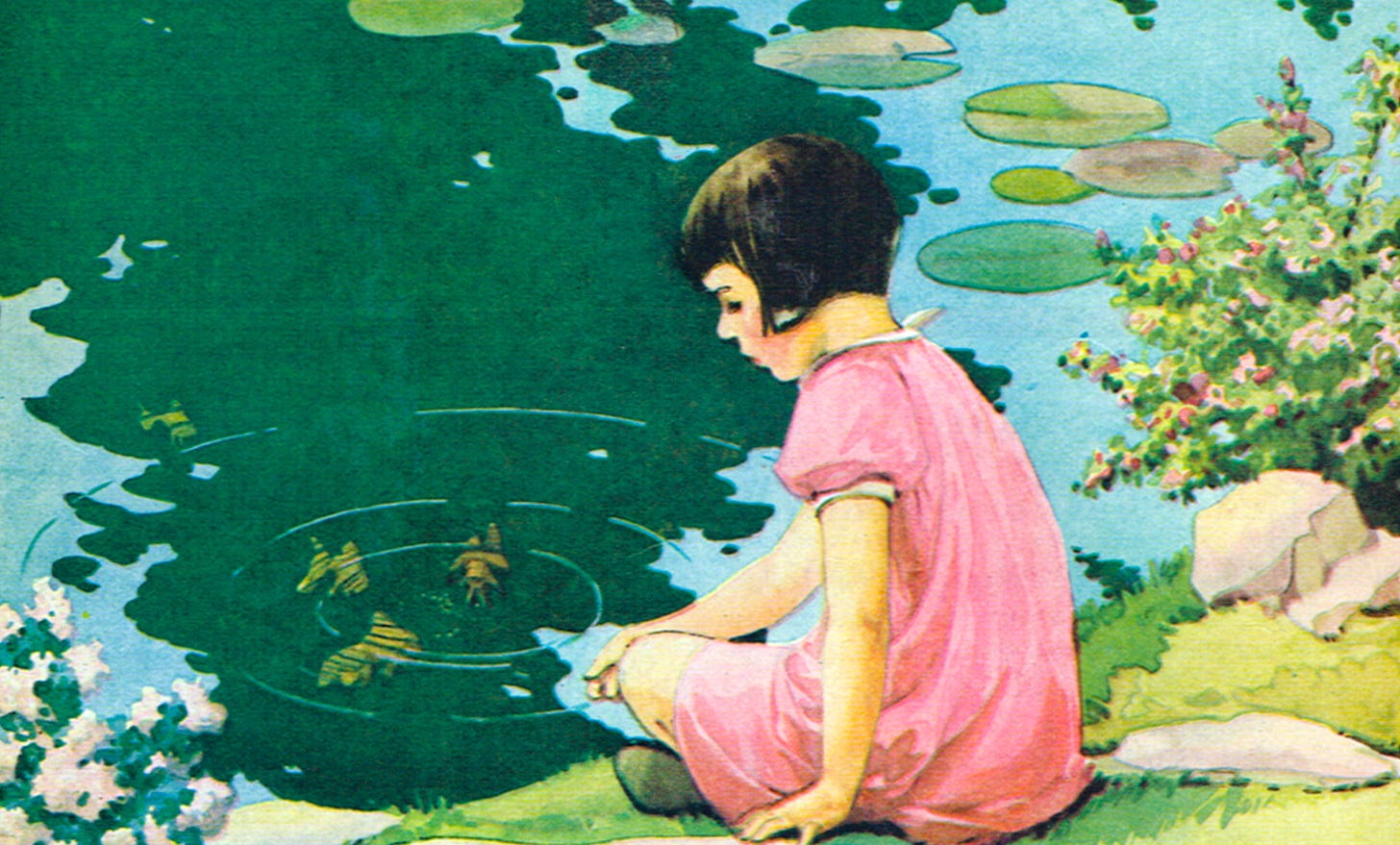 An illustration of a little girl sitting by a placid, calm pond. Original art by Miriam Story Hurford.