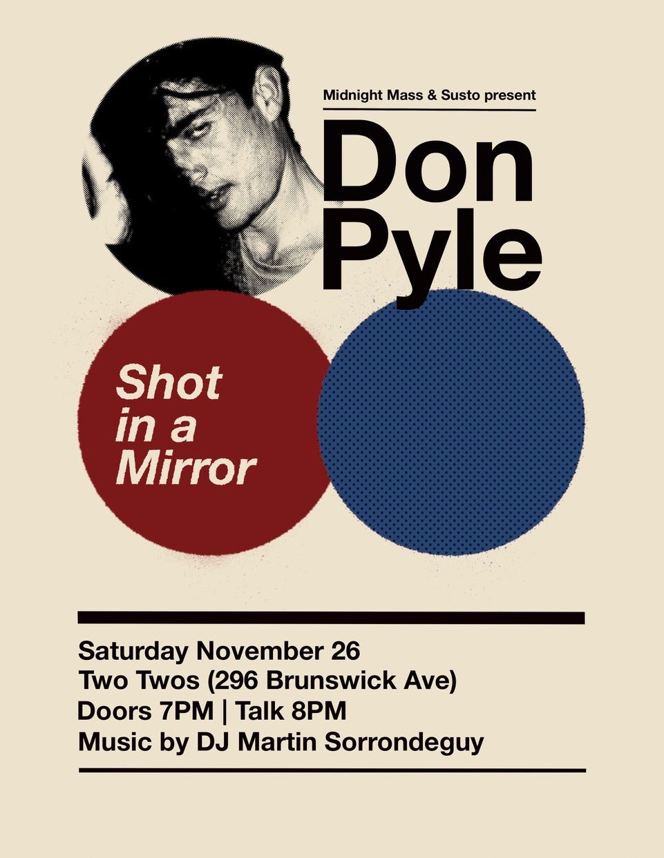 Poster for hot in A Mirror launch Saturday, November 26 at Two Two’s (296 Brunswick Avenue). Doors 7pm, Talk 8pm.