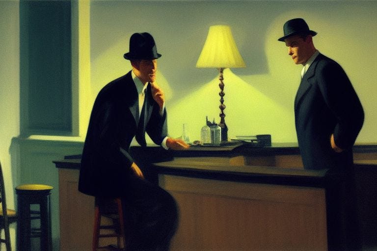 An AI generated painting of two well-dressed, serious-looking men talking at a bar counter, in the style of Edward Hopper