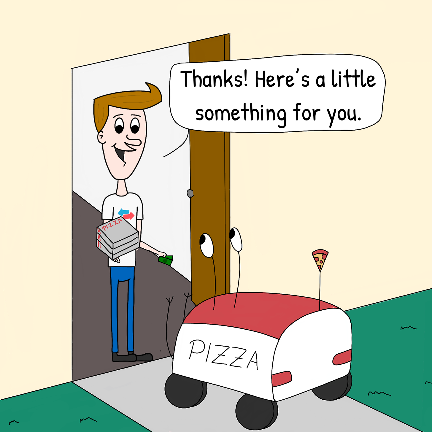 Panel 2: Vic takes the pizzas from the robot and gives him two $1 bills. "Thanks! Here's a little something for you.", he says.
