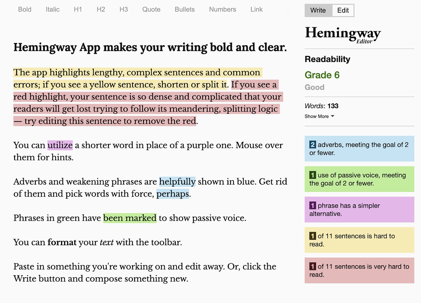 Screenshot of Hemingway (AI tools)