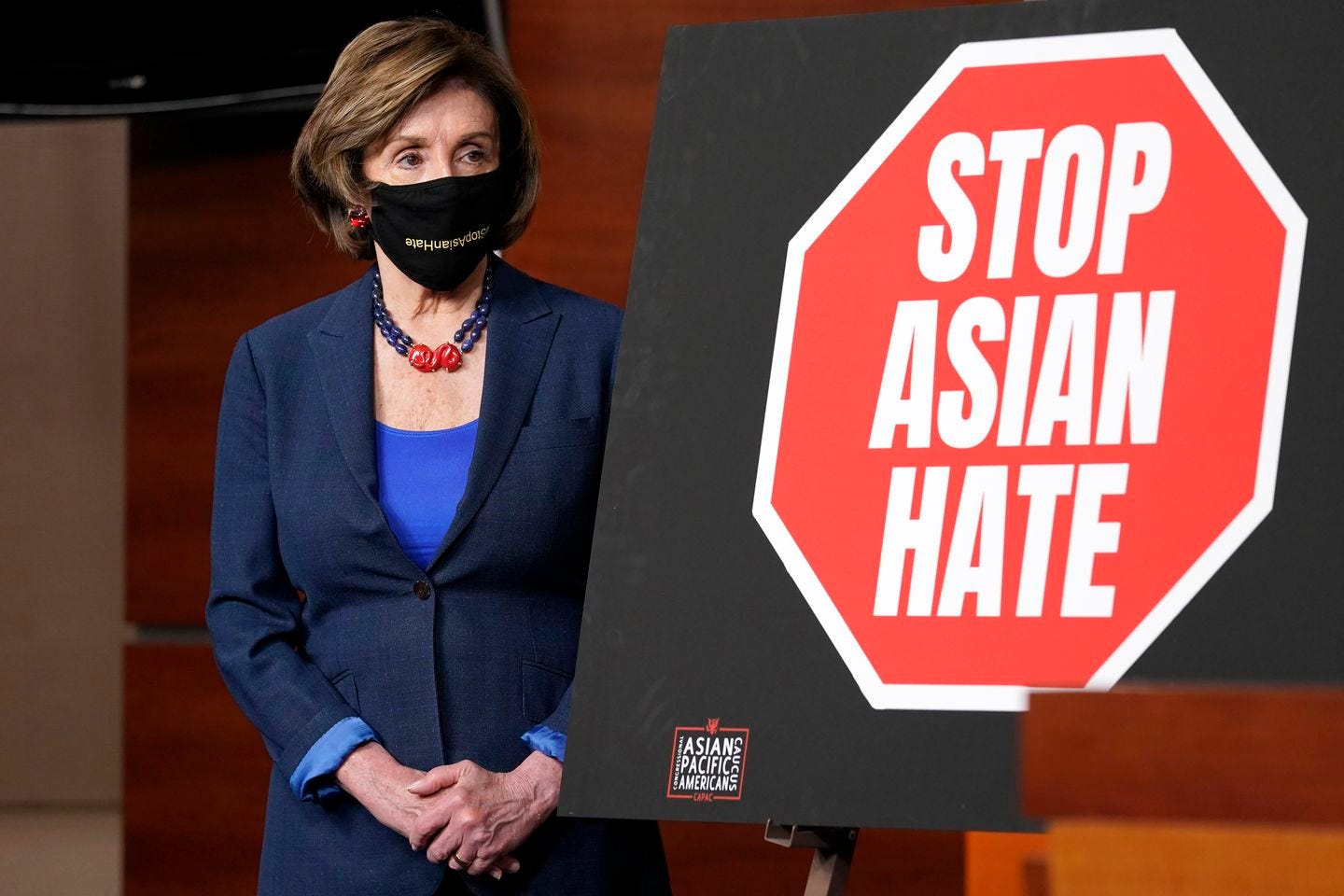 House Speaker Nancy Pelosi of California during a news conference on in Washington on the COVID-19 Hate Crimes Act.