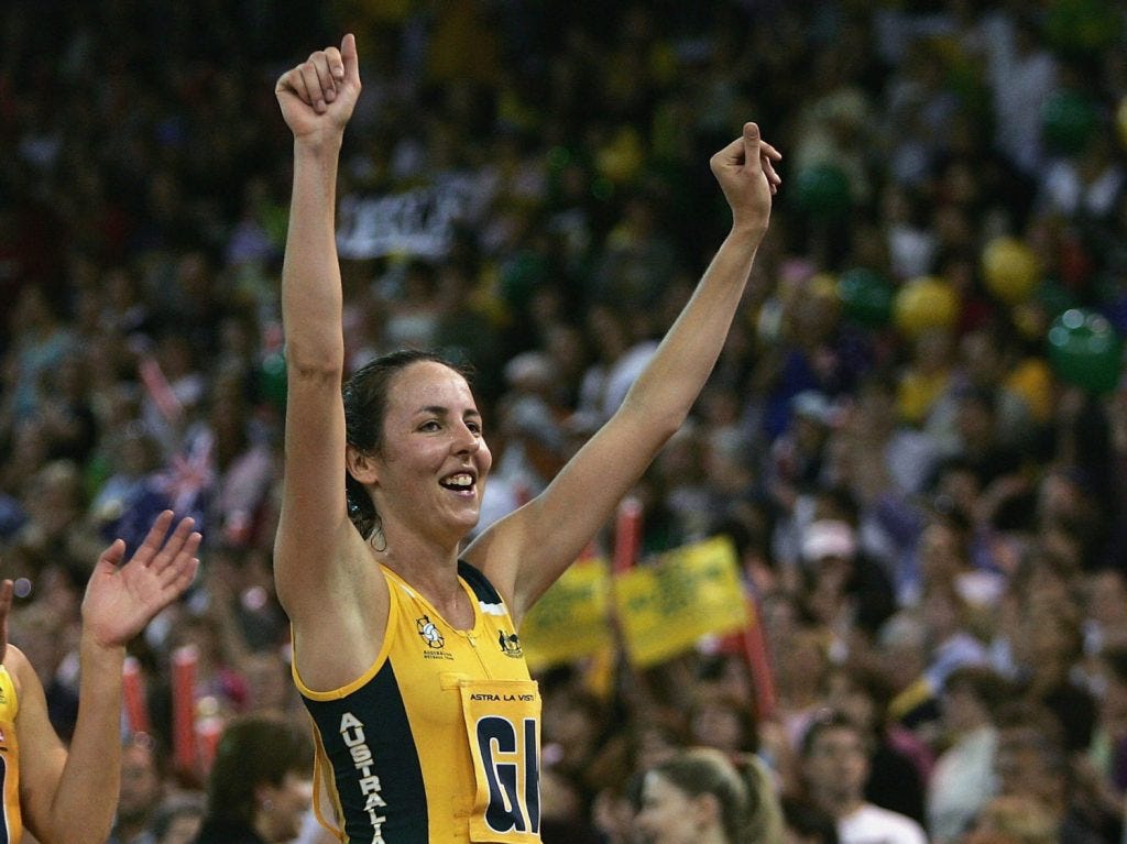 MELBOURNE, AUSTRALIA - NOVEMBER 20: Alison Broadbent and Liz Ellis of Australia celebrate their win in the Holden Astra Netball Series between Australia and New Zealand at Vodafone Arena on November 20, 2004 in Melbourne, Australia. (Photo by Mark Dadswell/Getty Images)