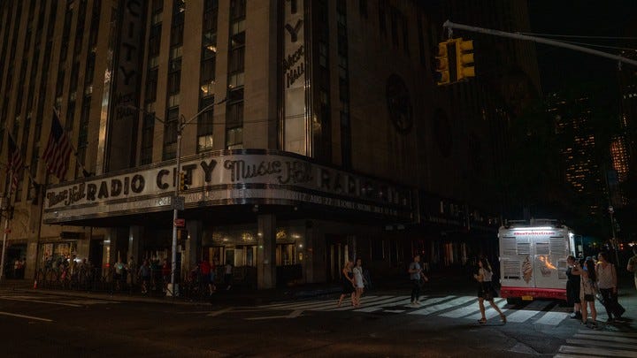 Radio City Music Hall sits dark during the 2019 Manhattan blackout.