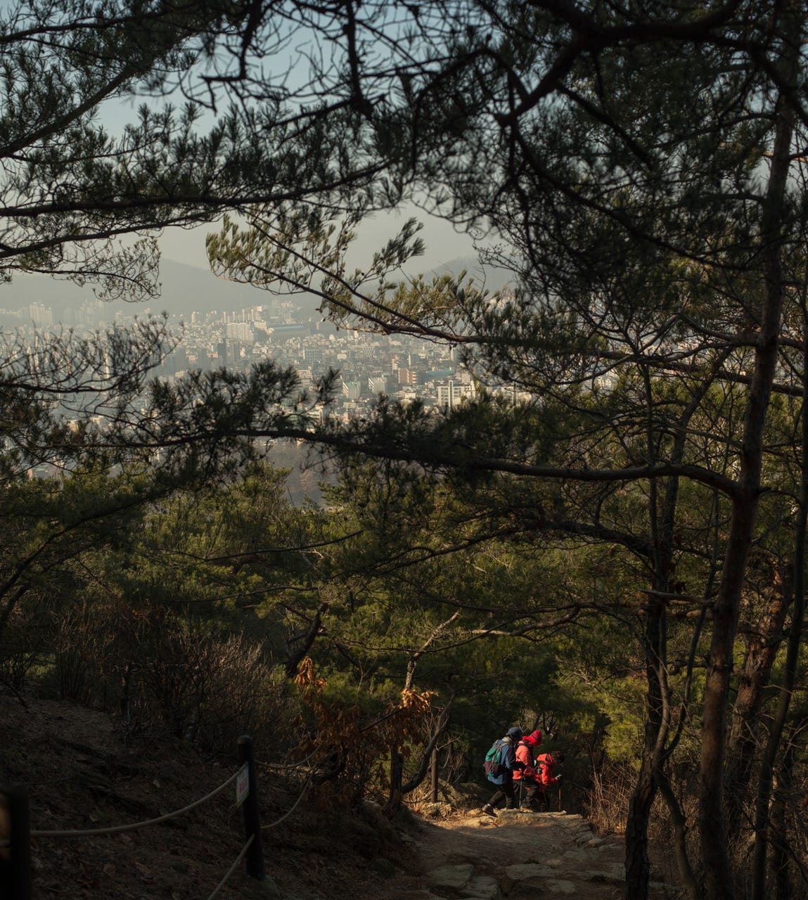 A group of retired women from Seoul return home down the mountain in the morning. Like many of the elders here, they tell me of their regular walks into Bukhansan for leisure, exercise, and to drink water from one of the many springs.