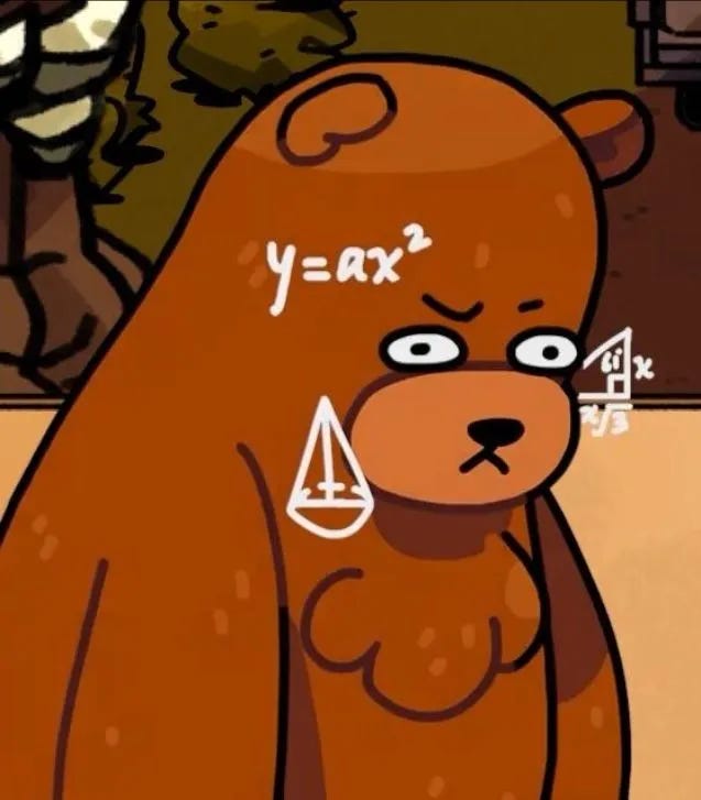 An illustration of a brown bear looks confused, with math equations overlaying his face