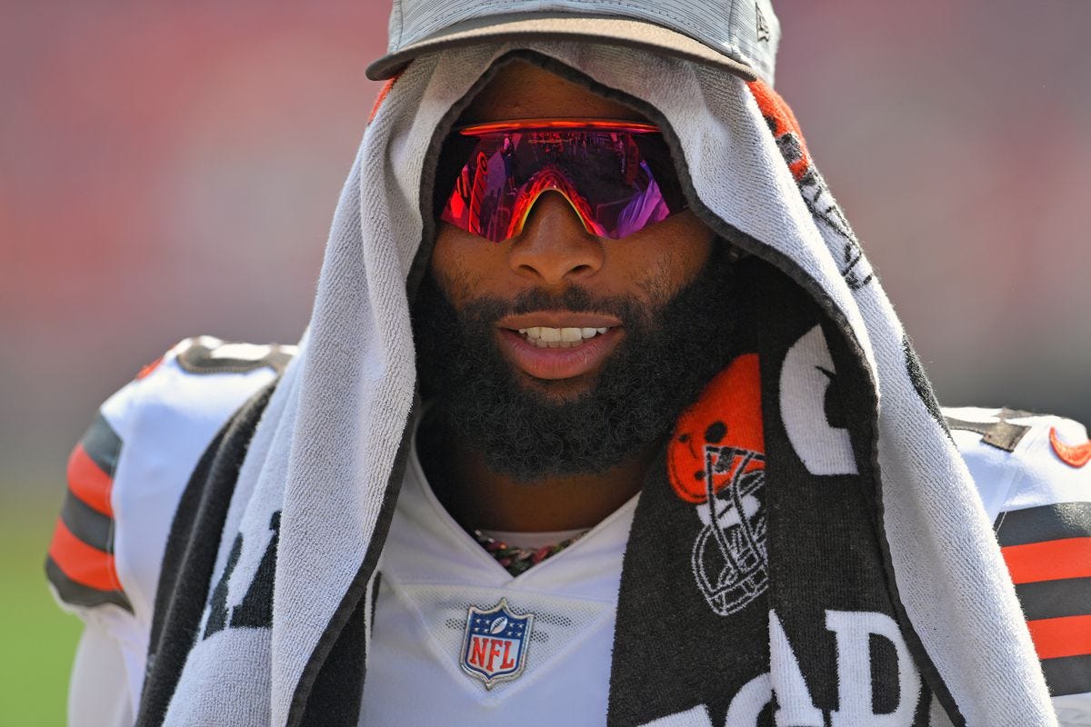 Wide receiver Odell Beckham Jr. #13 of the Cleveland Browns celebrates for the fans during the fourth quarter against the New York Giants at FirstEnergy Stadium on August 22, 2021 in Cleveland, Ohio. The Browns defeated the Giants 17-13.
