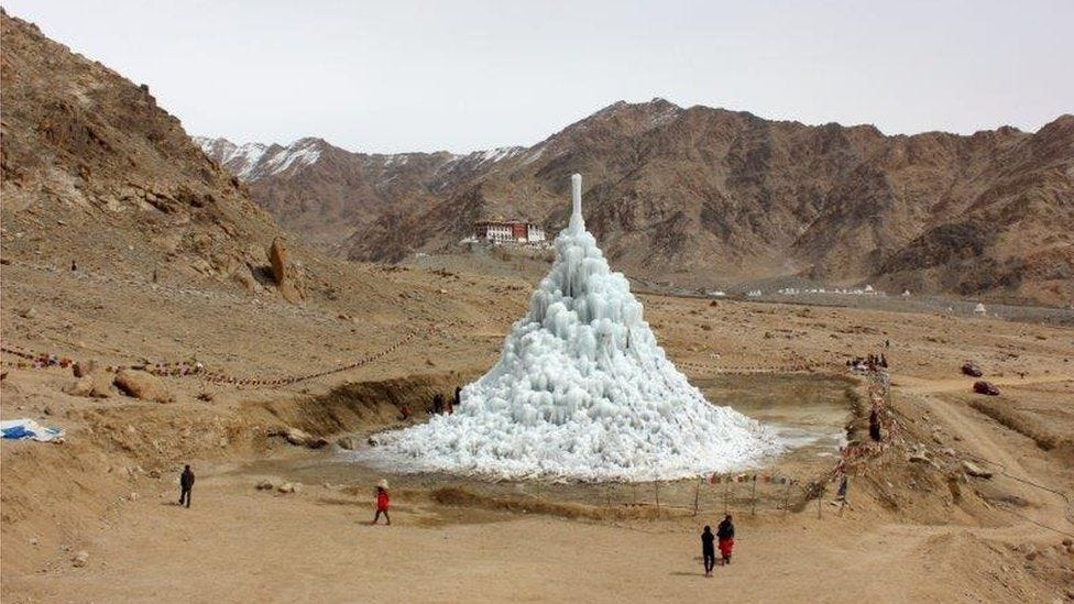 In late spring, the melting ice stupa provides water for the crops