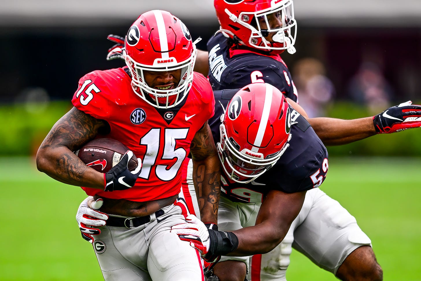 Georgia inside linebacker Trezmen Marshall (15) during the G-Day scrimmage on Dooley Field at Sanford Stadium in Athens, Ga., on Saturday, April 16, 2022. (Photo by Rob Davis)