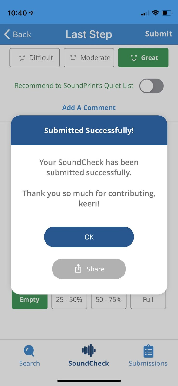 A pop up is over the screenshot we have been using. It is a white box with a blue top bar. It states "Your SoundCheck has been submitted successfully. Thank you so much for contributing, Keeri!" A blue button says "ok" and a grey button says "share."