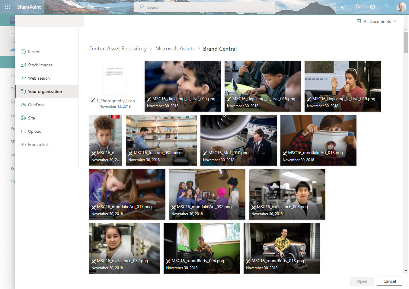 Use images from your organization when adding photos to your SharePoint pages or news.