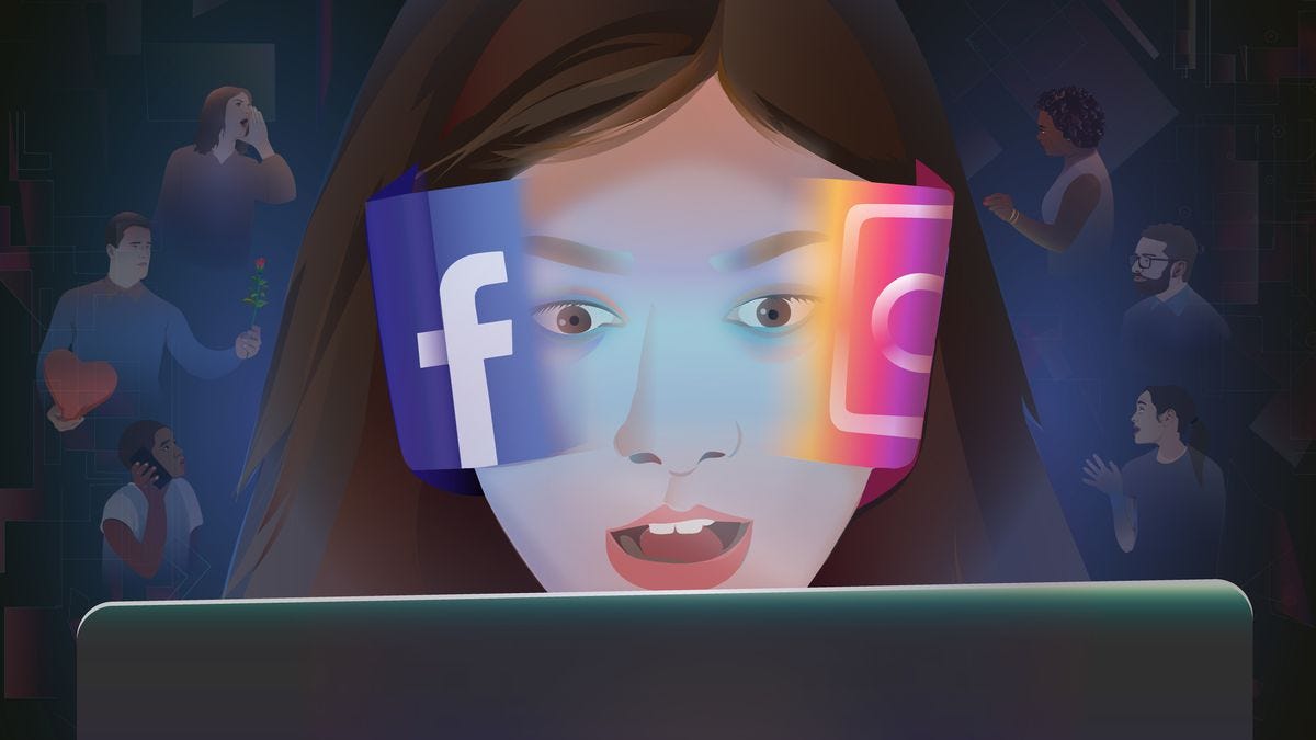 Illustration of a girl intensely looking at a laptop screen with Facebook and Instagram logos stuck to the sides of her face. 